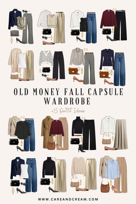 Discover the timeless elegance of an old money fall capsule wardrobe with this must-read blog post! Elevate your fall style with these fall wardrobe essentials that embody the old money fall aesthetic. Get inspired by this old money fall wardrobe and 15 classy outfit ideas! Plus: old money fall outfits, cute fall outfits, old money fall fashion. Budget Capsule Wardrobe Fall, Classic Work Capsule Wardrobe, Fall Outfit Work Office Chic, Capsule Fall Outfits, Old Money Work Outfits Fall, Cool Mom Capsule Wardrobe, Old Money Fall Style, Fall Old Money Aesthetic, Old Money Mom Style