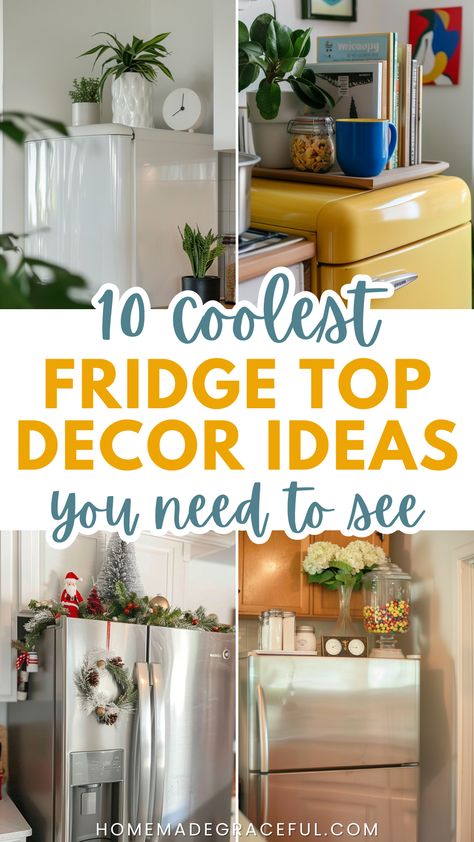 fridge top decor ideas Space Above The Fridge Ideas, Space On Top Of Fridge, Above Fridge Christmas Decor, Top Of The Fridge Storage, How To Decorate Top Of Fridge, Cupboards Above Fridge, Decorate Above Fridge, Top Of Refrigerator Decor Ideas Modern, Over The Refrigerator Storage Ideas