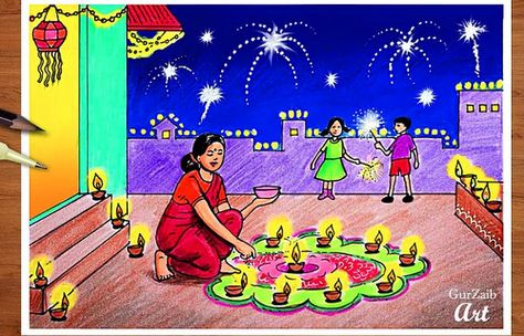 Diwali Pictures For Kids, Diwali Composition Drawing, Happy Diwali Poster Drawing, Diwali Memory Drawing Watercolor, Diwali Theme Drawing, Drawing Related To Diwali, Diwali Easy Drawing For Kids, Diy Candles For Diwali, Diwali Drawing Ideas Easy