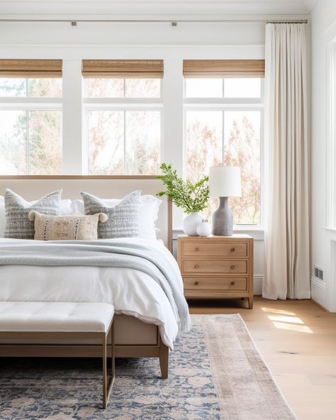 Calm, neutral bedrooms are where dreams are made ✨ Bedroom Decor White Headboard, Clean Simple Master Bedrooms, Mcgee And Co Primary Bedroom, Neutral Home Design Ideas, White Airy Bedroom, Calm Master Bedrooms Decor, Bright Master Bedrooms Decor, Neutral Bedroom With Blue Accents, Warm Transitional Bedroom