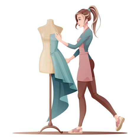 Seamstress tries on a dress on a mannequ... | Premium Vector #Freepik #vector #mannequin #seamstress #dressmaker #garment-factory Fashion Designing Illustration, Sewing Drawing Art, Fashion Illustrations With Background, Dress On A Mannequin, Fashion Girl Design, Mannequin Dress, Dress Illustration, Artisan Fashion, Garment Factory