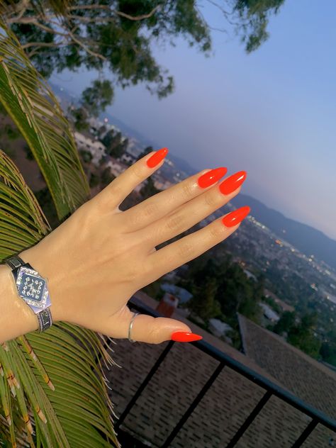 Red Beach Nails Summer, Red Orange Nails Acrylic, Orange Red Nails Summer, Orange Nails Bright, Red Orange Gel Nails, Fluro Orange Nails, Orange Red Acrylic Nails, Red Orange Nail Color, Orange Red Almond Nails