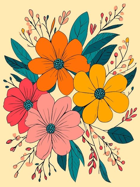 Decorative colored flowers pattern vecto... | Premium Vector #Freepik #vector #drawing #wallpapers #abstract-background #floral-background Floral Patterns Drawing, Abstract Motifs Design, Flowers Pattern Illustration, Digital Flowers Design, Floral Motifs Pattern, Floral Pattern Drawing, Flower Graphic Illustration, Vector Flower Design, Floral Pattern Illustration