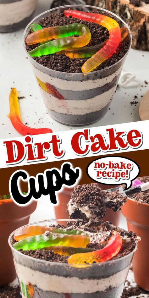 Dirt Cake With Gummy Worms Halloween, Dirt Cakes, Dirt Cake Cups, Dirt Cups Recipe, Dirt Pudding Cups, Oreo Dirt Cake, Dirt Dessert, Dirt Cake Recipes, Dirt Pudding