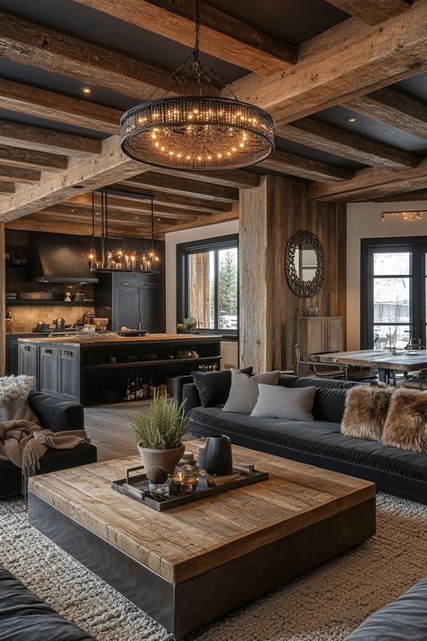 29 Industrial Farmhouse Living Room Ideas for a Unique Touch 8 Barndominium Interior Living Room, Scandinavian And Industrial Interior, Modern Rustic Sectional Sofa, Lower Level Living Room, Timber Interior Design, Dark Modern Rustic Living Room, Urban Cowboy Interior Design, Timber House Interior Design, Industrial Home Decor Ideas