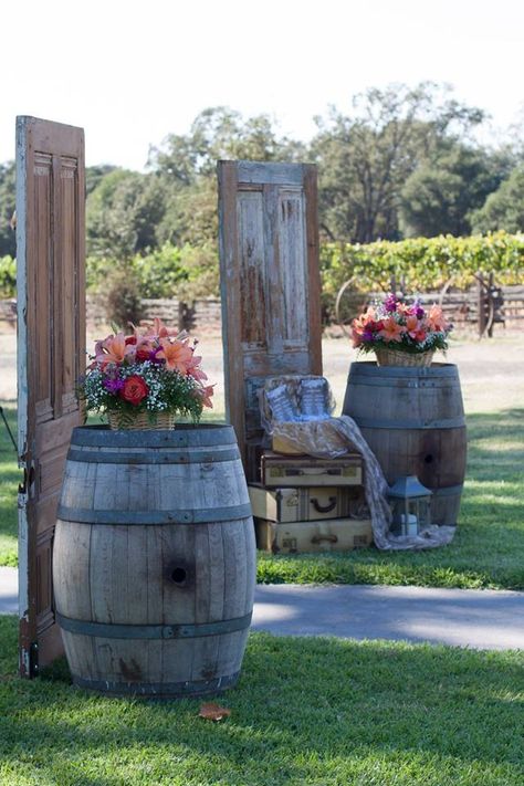 Rustic Barrel Decor, Whiskey Barrel Wedding Aisle, Wedding Whiskey Barrel Decor, Whiskey Barrel Wedding Decor, Barrel Room Wedding, Wine Barrel Lighting, Wine Barrel Wedding Decor, Country Wedding Groomsmen, Whiskey Barrel Decor