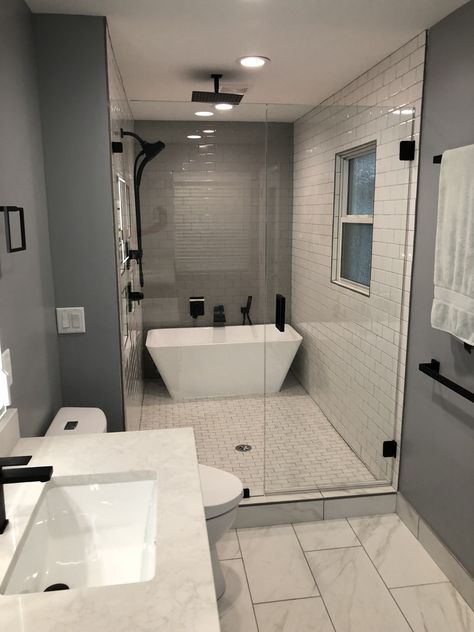 Long Narrow Wet Room Ideas, L Shaped Wet Room Bathroom, Bathroom Remodel Rectangle Room, Bathroom Ideas Long Narrow Master Bath, Long Bathroom With Tub, Wet Dry Bathroom, Small Master Bath Wet Room, Bathroom Remodel Long Narrow, Long Bathrooms Narrow Layout