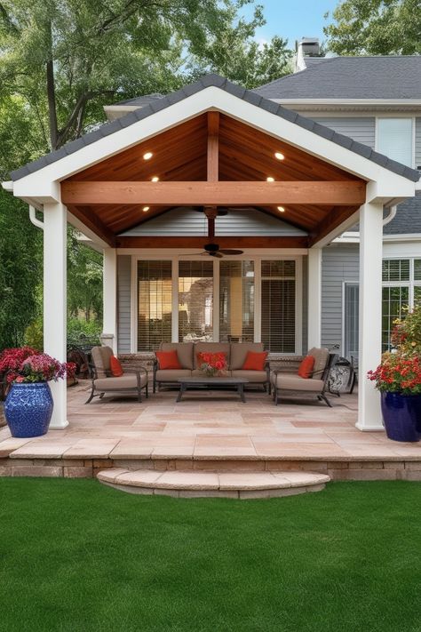 Top 25 Patio Roof Ideas to Transform Your Outdoor Space » Comfy Ideas Gable Roof Covered Patio, Roof Extended Over Patio, Hip Roof Patio Cover, Backyard Covered Seating Area, Covered Patio Roof Attached To House, Covered Patio Backyard Ideas, Add On Patio Roof, Gable Back Porch Patio, Covered Patio Roof Ideas