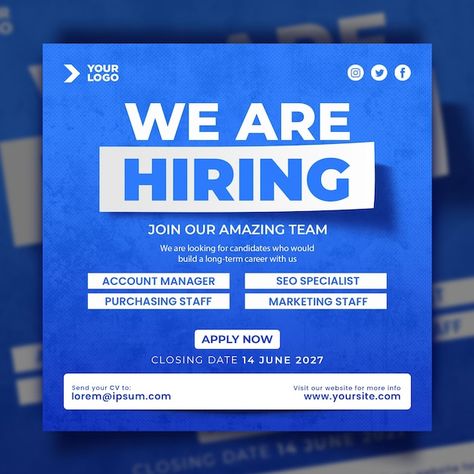 PSD we are hiring job vacancy social med... | Premium Psd #Freepik #psd Webinar Ideas, Tourism Design, Hiring Poster, Free Social Media Templates, Job Poster, Digital Marketing Design, Social Media Post Template, Job Vacancy, Creative Jobs