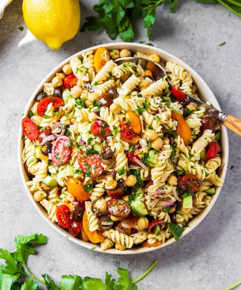 Chickpea Pasta Salad, Garden In The Kitchen, Pearl Couscous Salad, Mediterranean Couscous Salad, Salad Garden, Mediterranean Chickpea, Chickpea Stew, Chickpea Pasta, Rotini Pasta