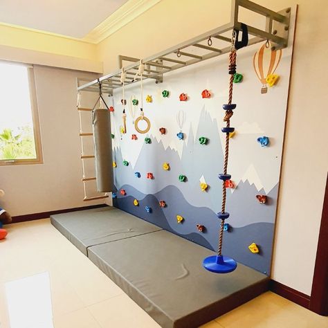 Indoor Zipline Home, Small Indoor Play Gym, Sensory Motor Room Ideas, Basement Gross Motor Room, Large Motor Playroom, Indoor Hammock For Kids, Home Gym With Kids Area, Gross Motor Room Indoor, Indoor Kids Gym Playroom