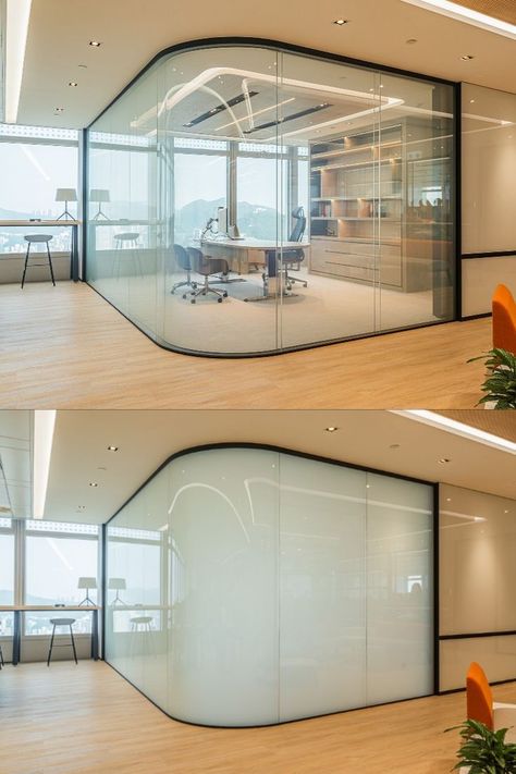 Office Design Glass Wall, Curved Glass Partition Office, Window Office Design, Office Interior Partition Design, Glass Partition Office Design, Smart Interior Ideas, Opaque Glass Window, Partition Wall In Office, Glass Partition Designs For Office