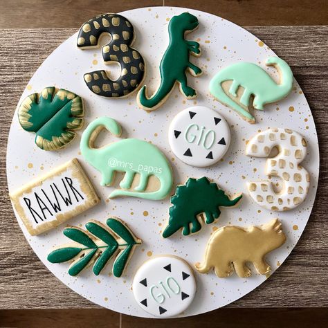 3rd Birthday Dino Cookies, Birthday Party Themes Dinosaurs, Dino Theme Cookies, Dinosaur Themed Cookies, Fourocious Birthday Party, Dino Theme 1st Birthday Party, Dinosaur Theme Cookies, Chic Dinosaur Party, 3rex Cookies