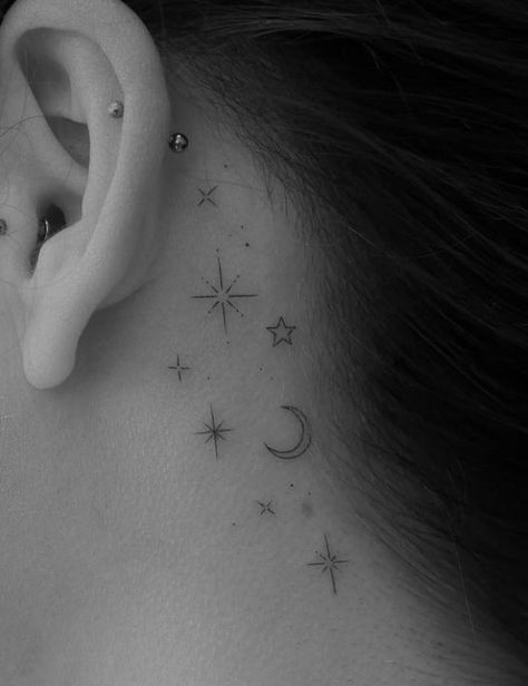 Behind The Ear Down The Neck Tattoo, Small Moon And Star Tattoo Behind Ear, Planets Behind Ear Tattoo, Planet Tattoos Behind Ear, Sparkle Behind Ear Tattoo, Ear Tattoos Behind The, Star Neck Tattoos For Women, Space Tattoo Behind Ear, Tattoo Star Behind Ear