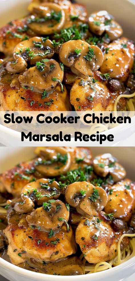 Easy Slow Cooker Chicken Marsala: flavorful chicken in a creamy Marsala sauce. Tasty dinner! Chicken Marsala Crockpot, Slow Cooker Chicken Marsala, Diet Dishes, Sausage Pie, Chicken Marsala Recipe, Chicken Marsala Easy, Chicken Breast Slow Cooker, Marsala Sauce, Marsala Recipe