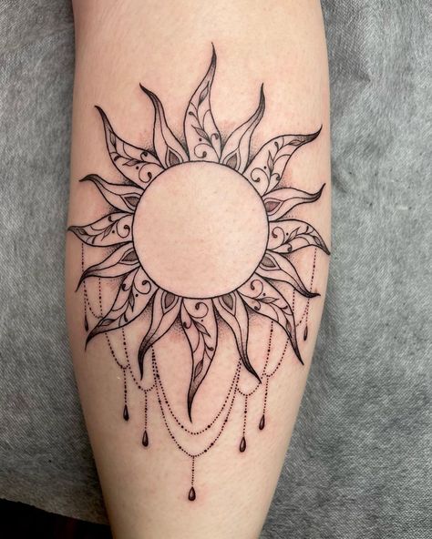 ornamental sun 🌞 obsessed with this placement and style! I’d love to do more custom work like this :) . . . . . . . . . #sun #suntattoo… | Instagram Sun Dream Catcher Tattoo, Hand Sun Tattoo, Sun On Knee Tattoo, Sun Thigh Tattoos Women, Pretty Sun Tattoo, Sun Tattoo Hand, Sun With Clouds Tattoo, Sun Tattoo Leg, Sun Tattoo Designs For Women Beautiful