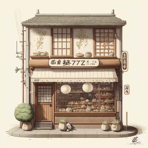 Japanese Stores Drawing, Japanese Bakery Exterior, Japanese Building Reference, Japanese Cafe Exterior, Japanese Shop Drawing, Japanese Building Drawing, Japanese House Drawing, Japanese Architecture Drawings, Japanese Store Fronts