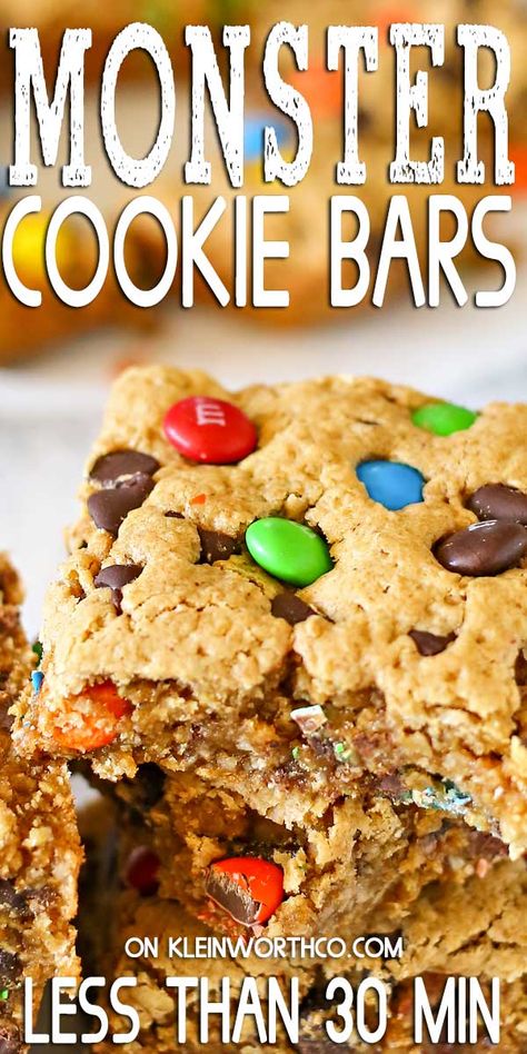 Monster Cookie Bars Recipe, Cookie Bars Easy, Monster Cookie Bars, Monster Cookie, Chocolate Chip Cookies Ingredients, Peanut Butter Oats, Cookie Bar, Easy No Bake Desserts, Bar Recipe