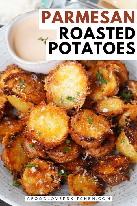 These Parmesan Roasted Crispy Potatoes are magic with crispy edges and fluffy interiors, all coated in a savory blend of Parmesan cheese, garlic, and herbs, that will have everyone coming back for seconds. Parmesan Oven Potatoes, Yellow Potatoes Recipes Healthy, Roasted Cheese Potatoes, Ranch Parmesan Potatoes, Crusty Parmesan Potatoes, Garlic Roasted Potatoes Air Fryer, Oven Roasted Herb And Garlic Parmesan Potatoes, Parmesan Potatoes Recipes, Roasted Potatoes Dinner Ideas