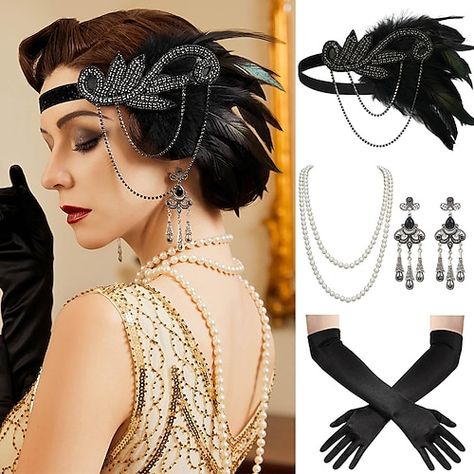 1920s Butler Costume, Flapper Accessories 20s Style, 1920s Flapper Headpiece, Harlem Nights Outfits, Gatsby Design, Great Gatsby Accessories, 1920s Vintage Dresses, Gatsby Party Outfit, Gatsby Accessories