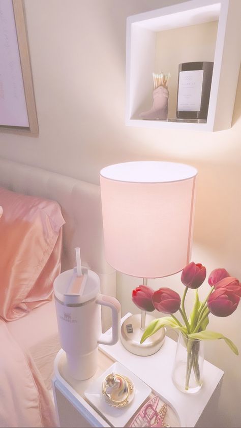 Coquette Nightstand Aesthetic, Coquette Bedside Table Aesthetic, Pink Bedside Table Decor, Pink Nightstand Decor, Coquette Bedside Table, Coquette Nightstand, Aesthetic Night Stand, Light Pink Room Aesthetic, Night Table Aesthetic