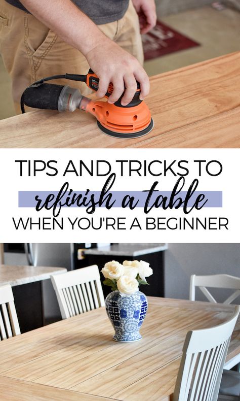 Are you looking for DIY table refinishing ideas for your kitchen or dining room table? Check out my table refinishing post for lots of tips and tricks to create your own modern, farmhouse wood table without having to strip any original finish! #DIY #furniture #farmhousestyle #diningroomtable #kitchentable #restorationhardware #modernfurniture #tableideas Dining Table Finishes Diy, Sanding Dining Room Table, Octagon Kitchen Table, How To Refinish Dining Table, Staining Dining Room Table Diy, Refinish Farmhouse Table Diy, Staining A Wood Table, Stripping Kitchen Table, Strip Table Wood Furniture