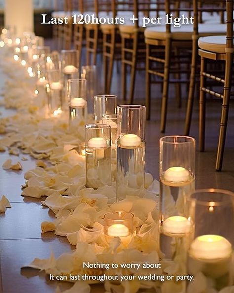 Compared to a traditional burning candle, fake floating candles are lighter and can stay upright in the pool without sinking. led floating candles do not melt and maintain the three-dimensional fullness of the candle without creating residual wax. The wick will not be extinguished by airflow, moisture and collision, and can maintain enough brightness in your wedding or various parties to create a romantic atmosphere Candle Light Wedding Aisle, Led Candles For Wedding, Battery Powered Candles Wedding, Simple Floating Candle Wedding Centerpieces, Evening Candle Lit Wedding, Flameless Floating Candles Wedding, Flameless Floating Candle Centerpieces, No Flame Candles Wedding, Floating Candles Ceremony Aisle