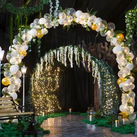 Should we spring for an arch or something similar? Balloon Arch Quinceanera, Enchanted Forest Theme Balloons, Enchanted Balloon Arch, Fairytale Balloon Arch, Forest Balloon Arch, Night On The Bayou Theme Homecoming, Enchanted Forest Arch, Enchanted Forest Balloon Arch, Spring Dance Decorations