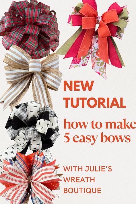 How To Make Full Bows For Wreaths, Different Bows For Wreaths, Dyi Bows Ideas, Simple Bow Making Tutorials, How To Make A Wired Bow, How To Make Craft Bows, Multi Ribbon Bow Tutorial Wreath, How To Make Big Fluffy Bows, How To Decorate A Wreath For Christmas Bow Tutorial