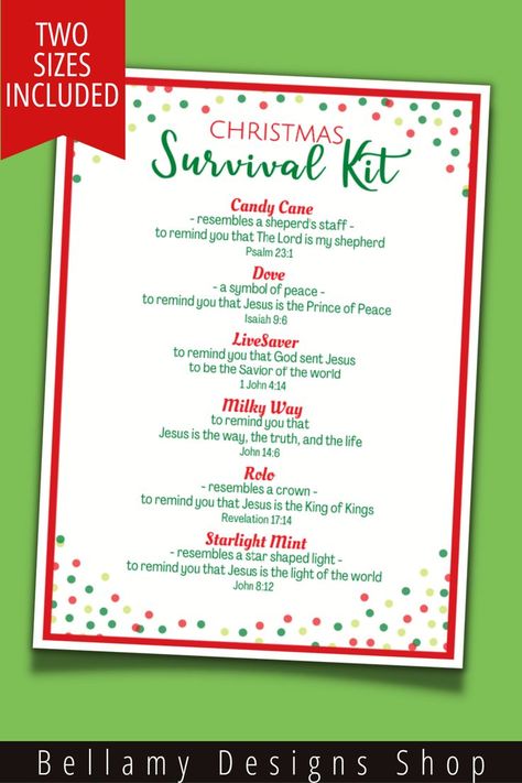 Religious Christmas Survival Kit Gift Tag Printable comes in two sizes. These colorful tags are a great accessory to any Christmastime Treat or Gift. Perfect for handing out at church, school, or to friends. These tags could also be used as a part of a candy gram activity. #christmassurvivalkit #survivalkit #stockingstuffertag #religiousgiftidea #sundayschool #xmasprintabletag #candygram #candygramactivity #christmasactivities #jesusisthereasonfortheseason #christianprintable #religiousprintable Church Christmas Gifts For Kids, Christmas Survival Kit Ideas, Christmas Handouts, Christmas Survival Kit, Ward Activities, Candy Messages, School Christmas Gifts, Christmas Goodie Bags, Survival Kit Gifts