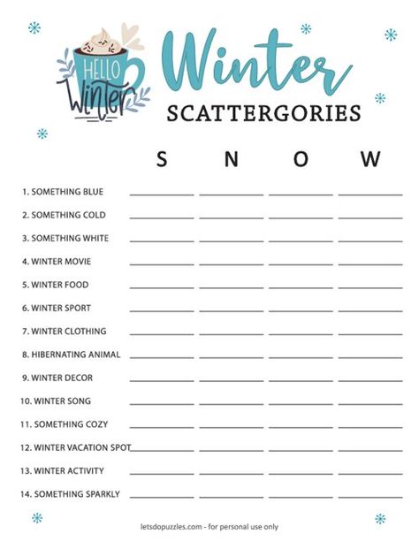 Free Printable Winter Scattergories Winter Word Scramble Free Printable, Winter Mad Libs For Kids Free Printable, Scattegories For Kids, Scattergories Lists Printable Free, Winter Puzzles Free Printable, Winter Scattergories, Winter Activities For Seniors, Christmas Scattergories Free Printable, Holiday Scattergories