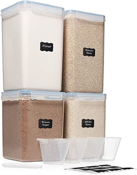 Extra Extra Large 6.5L x 2 & EXTRA LARGE 5.2L x 2 - WIDE & DEEP Food Storage Airtight Containers [Set of 4] + Free 4 Measuring Cups + Labels - Ideal for Sugar, Flour Leakproof BPA Free Clear Plastic Large Food Storage Containers, Flour Storage, Large Storage Containers, Pantry Containers, Pantry Storage Containers, Sugar Storage, Cereal Containers, Airtight Storage, Food Storage Container Set