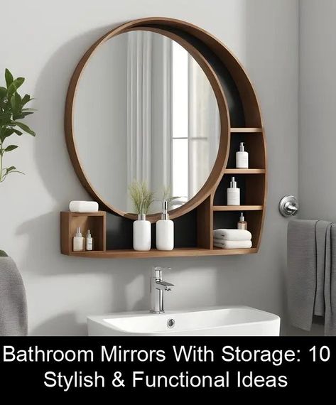 Bathroom Accessories Small Space, Diy Bathroom Mirror With Storage, Round Bathroom Mirror With Storage, Powder Bathroom Storage Ideas, Creative Bathroom Mirror Ideas, Small Bathroom Large Mirror, Simple Bathroom Cabinets, Bathroom Mirror Next To Window, Bathroom Shelves Ideas The Wall