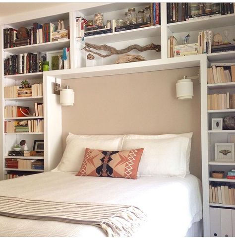 Built In Ideas Bedrooms, Built In King Headboard, Bed And Bookshelf Small Spaces, Built In Bookcase Around Bed, Over Bed Wall Storage, Bedroom Built In Shelves Around Bed, Bookshelf Headboard Wall, Bed With Bookcases On Either Side, Built In Shelves Behind Bed