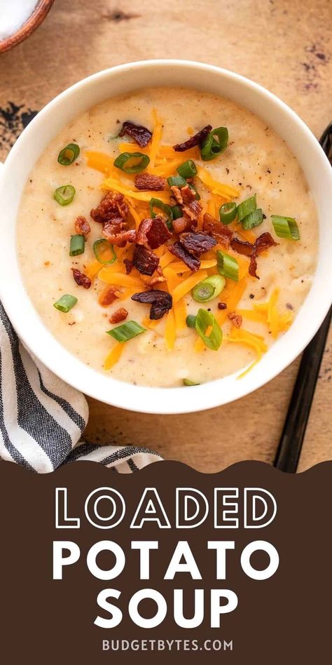 Loaded Potato Soup is like your favorite baked potato with all the fixins, like bacon, sour cream, green onion, and cheese, but in a bowl! BudgetBytes.com One Pot Potato Soup, Potato Soup Easy, Loaded Potato Soup, Bacon Soup, Loaded Baked Potato Soup, Budget Bytes, Creamy Potato Soup, Bacon And Cheese, Baked Potato Soup