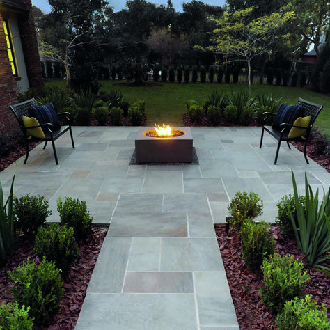 Large Stone Pavers Backyard, Large Stone Patio Ideas, Outdoor Paved Patio Ideas, Patio With Pavers And Fire Pit, Patio Perimeter Landscaping, Stones Around Patio, Mixed Patio Pavers, Stone Patio And Fire Pit, Backyard Paved Patio