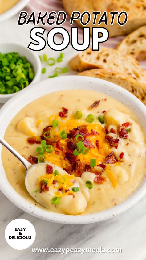 A thick and creamy version of a loaded baked potato.  Bacon, cheddar cheese, potatoes all in one loaded baked potato soup recipe, this easy to make, crave-worthy comfort food will become one of your most favorite soup recipes. Thick Loaded Baked Potato Soup, Loaded Baked Potato Soup With Milk, Baked Potatoes Soup Recipe, Small Batch Loaded Baked Potato Soup, Baked Potato Soup Dutch Oven, Cheddars Copycat Baked Potato Soup, Best Creamy Potato Soup, Loaded Baked Potato Soup Longhorn, Loaded Baked Potato Soup Chilis