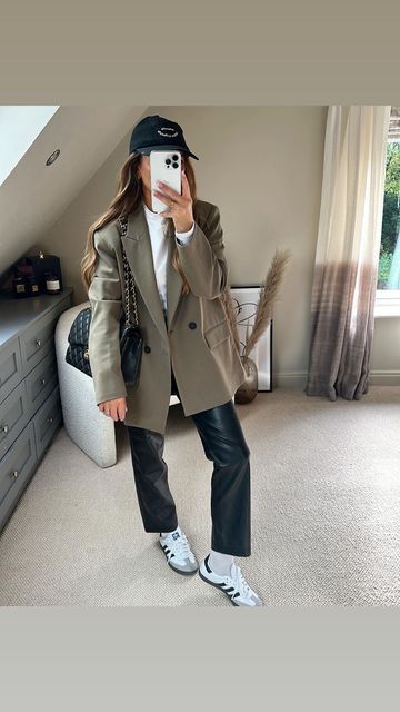 Sabina walker on Instagram: "Happy weekend 🤍 An easy Saturdays outfit to throw together!!! Blazer @zara size Xs I love the colour of this! Trouser @riverisland my absolute faves Shoes @adidasoriginals Long sleeve basic @zara Hat @adanola #coatstyle #autumnvibes #autumstyle #ootd #outfitoftheday #neutralstyle #neutrals #everydaystyle #mumstyle #casualstyle #sambas #zara #asos #adanola #weekendstyle #stylingreels #petite #petitestyle" Zara Basic Blazer, Blazer And Samba Outfit, Winter 2024 Outfits Work, Adidas Samba Blazer Outfit, Blazer Fall Outfits For Women, Styling Long Blazer, Khaki Blazer Outfit Women Casual, Khaki Leather Pants Outfit, Saturday Winter Outfit