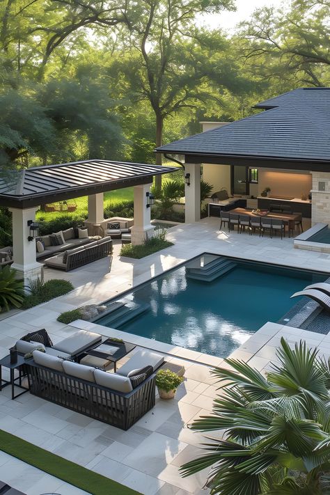 Swimming Pool House Ideas, Backyard Landscaping And Pool, Country House Pool Ideas, Patio And Pool Design, Transitional Backyard With Pool, Back Porch Ideas With Pool, Shallow Backyard Pool, New Pool Ideas, Garden Pools Backyard