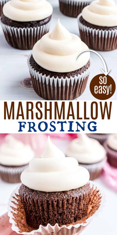 Homemade Marshmallow Frosting is just 4 ingredients, easy to make and whips up fluffy and so smooth! It's a beautiful and delicious topping to cakes and cupcakes! Marshmallow Cream Frosting Recipe, How To Make Fluffy Icing For Cupcakes, Icing With Marshmallow Fluff, Stiff Cupcake Frosting, Marshmallow Whipped Cream Frosting, Marshmallow Fluff Frosting Easy, Marshmallow Cupcake Frosting, Chocolate Cake Marshmallow Frosting, Marshmallow Cream Filling For Cupcakes