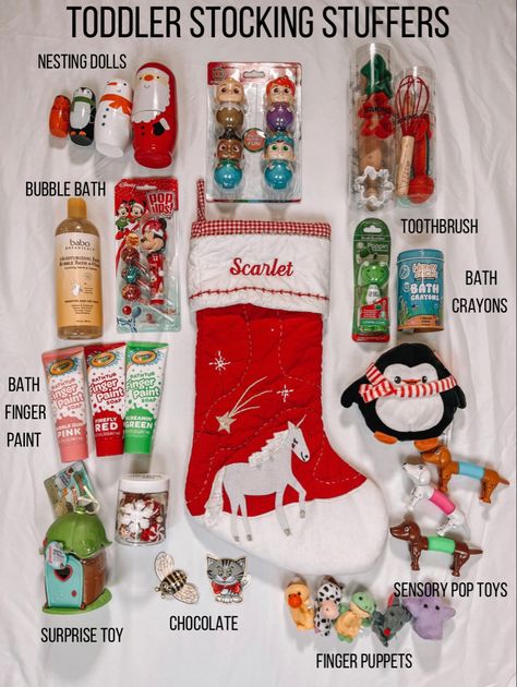 Toddler Christmas Goody Bag Ideas, Two Year Old Stocking Stuffers, Christmas Ideas With Toddlers, Christmas At Home Activities, Christmas Table Presents Ideas, Stocking Stuffers For 12 Month Old, Stocking Stuffers For One Year Old, Stocking Stuffers For 1 Year, Christmas Stocking Filler Ideas