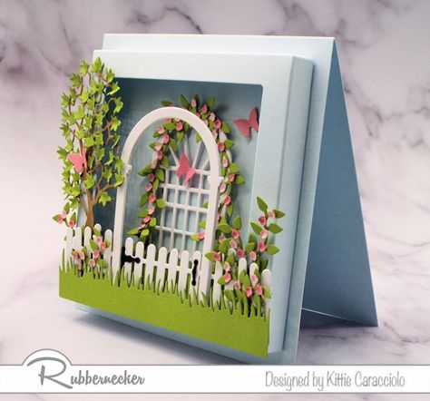 Arbor Gate, Pretty Garden, Frame Card, Fancy Fold Cards, Marianne Design, Card Making Techniques, Fun Fold Cards, Square Card, Pop Up Cards