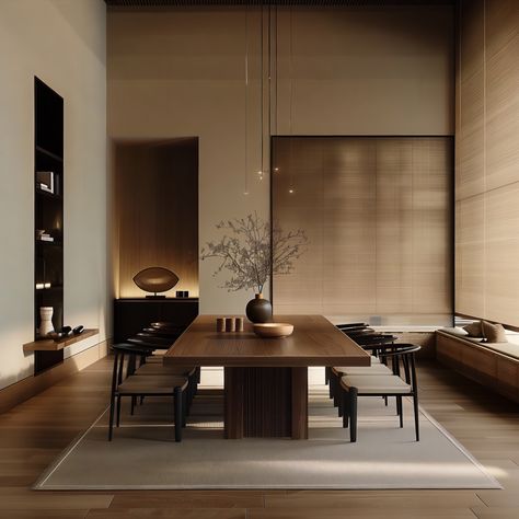 Dark Japandi Dining Room, Neutral Colour House Interior, Light Wood Room, Dark And Light Wood Interior, Minimal Light, Japandi Office Interior Design, Interior Dining Room, Japandi Modern, Japanese Design Elements