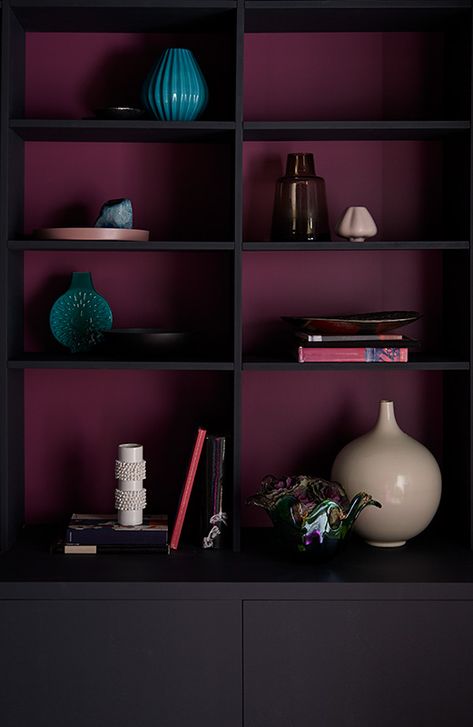 Dark Jewel Tone Paint Colors, Moody With Pops Of Color, Moody Mid Century Modern Purple, Behr Euphoric Magenta, Behr Divine Wine, Behr Blackberry Mocha, Dark Pink Decor, Dark Purple Library Aesthetic, Euphoric Magenta Paint