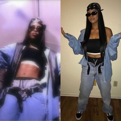 Iconic Rapper Outfits, 2000 Rapper Costume, Early 2000s Party Theme Outfit, Beyonce Throwback Outfits, Aliyah Outfits 2000, 2000s Aaliyah Fashion, 90s Jumpsuit Outfit Hip Hop, 2000 Hip Hop Fashion Early 2000s, Celebrity Y2k Outfits