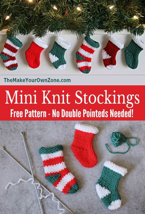 Pattern for mini knit stockings using two straight needles - no double pointed needles needed! Straight Needle Knitting Patterns Free, Easy Knit Stocking Pattern Free, Free Christmas Knitting Patterns, Easy Knit Stocking Pattern, Easy Knit Christmas Stocking, Small Knitted Christmas Stocking Pattern, Stocking Pattern Knit, Knitted Christmas Stocking Patterns Free, Free Knitting Patterns Uk