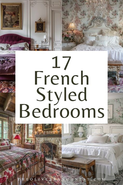 Discover the elegance of French bedrooms, where romantic aesthetics meet modern comforts. Our selection of ideas combines vintage decor with Parisian elegance, creating spaces that feel both timelessly beautiful and comfortably luxurious. Parisian Style Bedding, Elegant Vintage Bedroom Ideas, French Royal Bedroom, Parisian Bedroom Design, Vintage Paris Bedroom Aesthetic, French Chic Bedroom Ideas, Country French Farmhouse Decor, Dreamy Guest Bedroom, Vintage Chic Bedroom Ideas