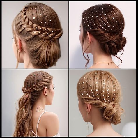 Pearl Hair Stickers, Stick On Pearls Hair, Bridal Hair With Rhinestones, Hair Stickers Hairstyles, Hairstyle With Jewels, Hair Diamonds Jewels, Hair Styles With Hair Jewelry, Hairstyle With Rhinestones, Prom Hair With Gems