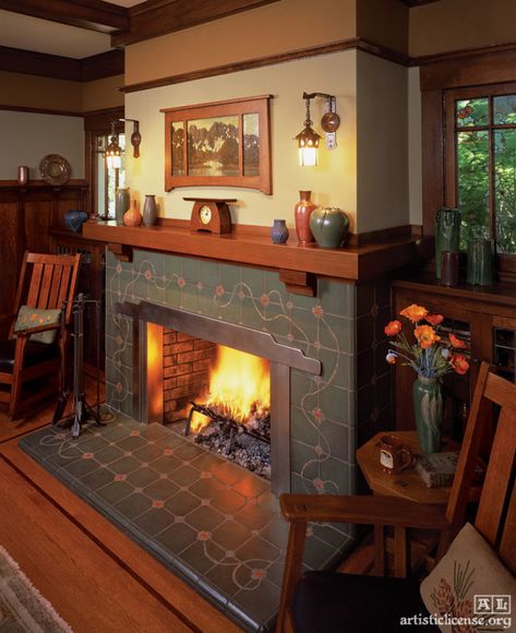 Craftsman Style Fireplace, Arts And Crafts Fireplace, Craftsman Interiors, Craftsman Fireplace, Arts And Crafts Interiors, Arts And Crafts Bungalow, Craftsman Decor, Craftsman Interior, Craftsman Bungalow