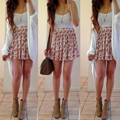 Adorable outfit for summer. Classy Skirt Outfits, Floral Skirt Outfits, Classy Skirts, Skirt Outfits Fall, Rock Outfit, Edgy Chic, Casual School Outfits, Short Bob, College Outfits